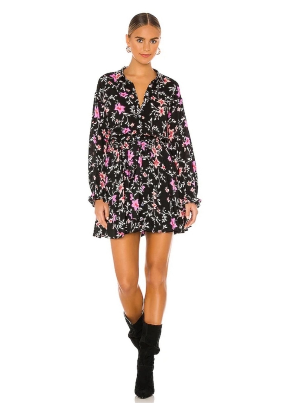Free People Black Lighten Up Floral Long-Sleeve Mini Dress